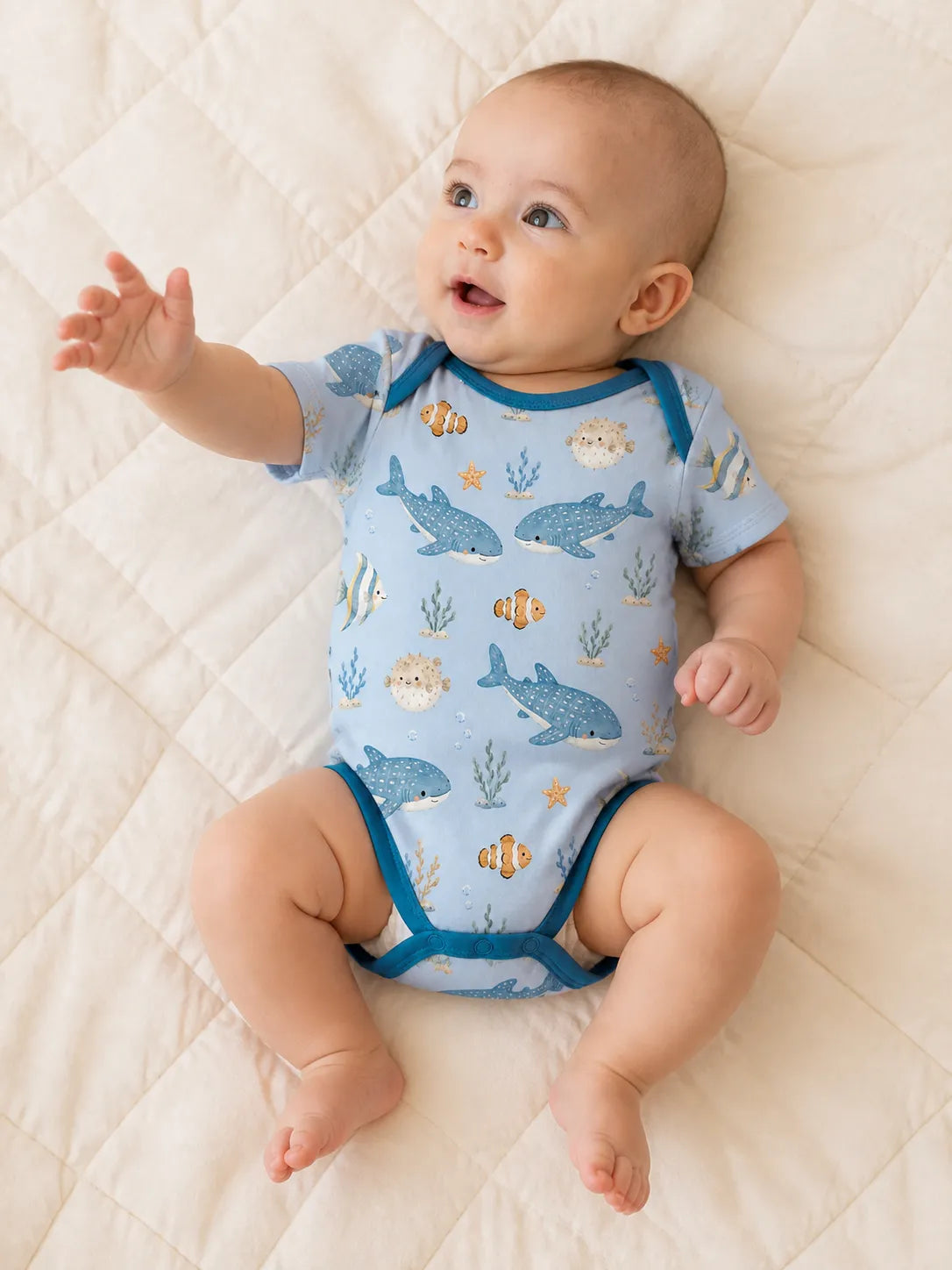 Baby playing comfortably in the Shark Cove bamboo bodysuit