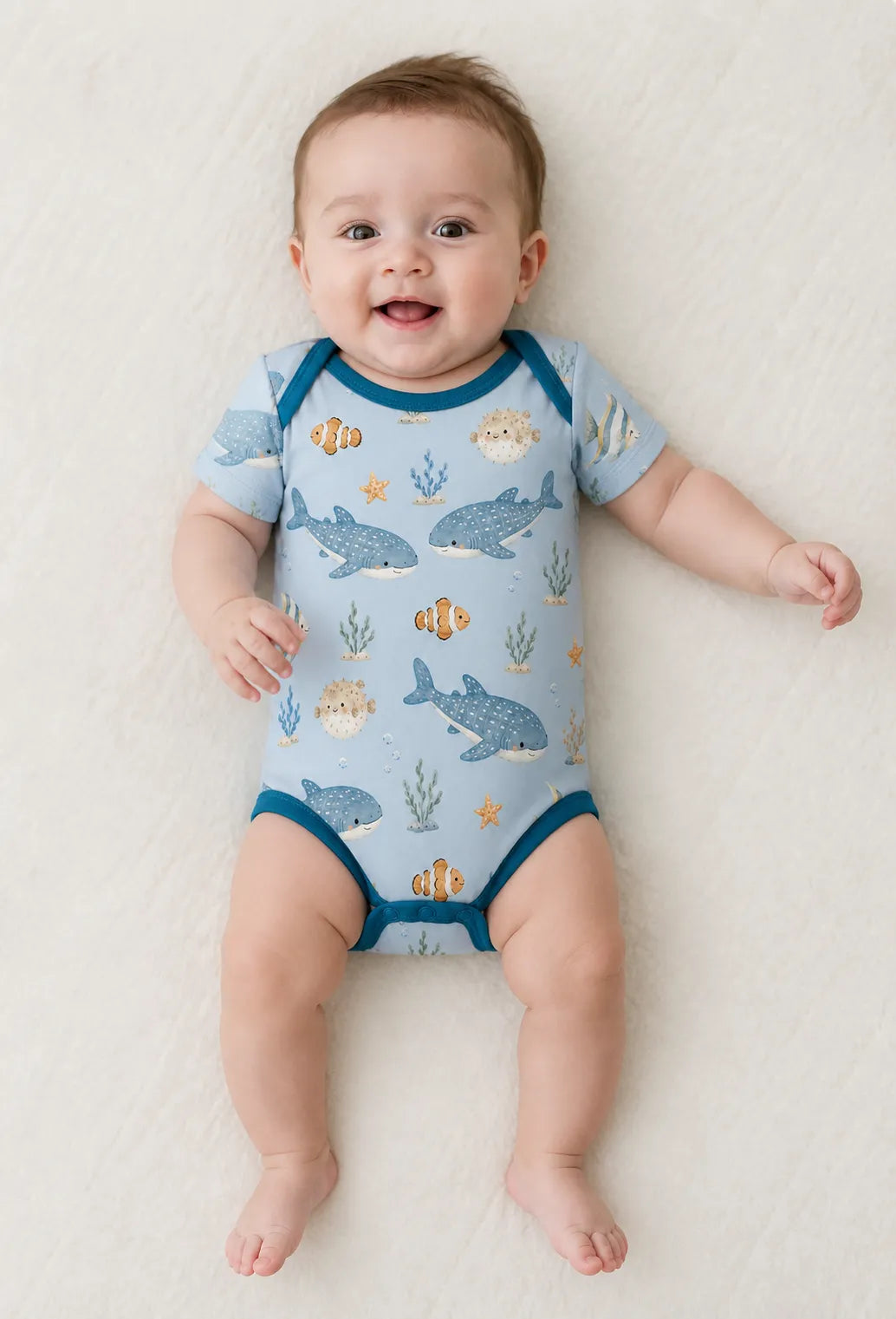 Baby wearing the Shark Cove short sleeve bodysuit