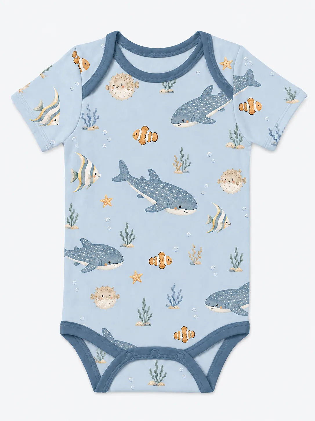 Shark Cove bamboo short sleeve bodysuit by MossiBaby