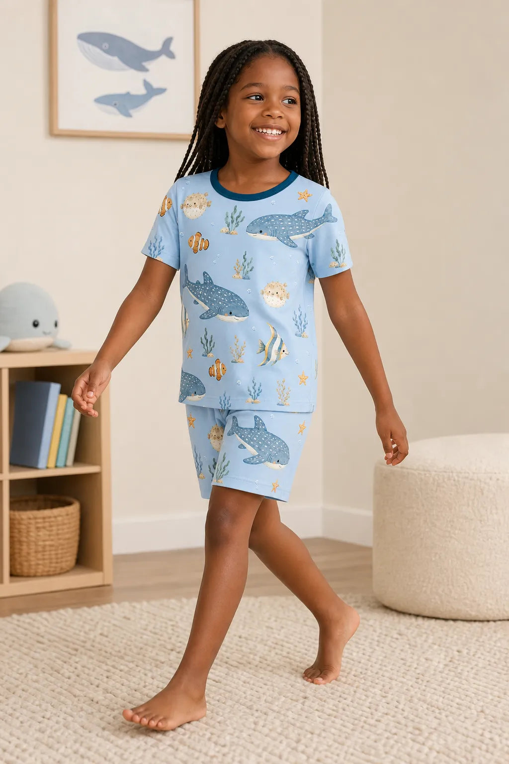 Child playing at home in Shark Cove bamboo pajamas