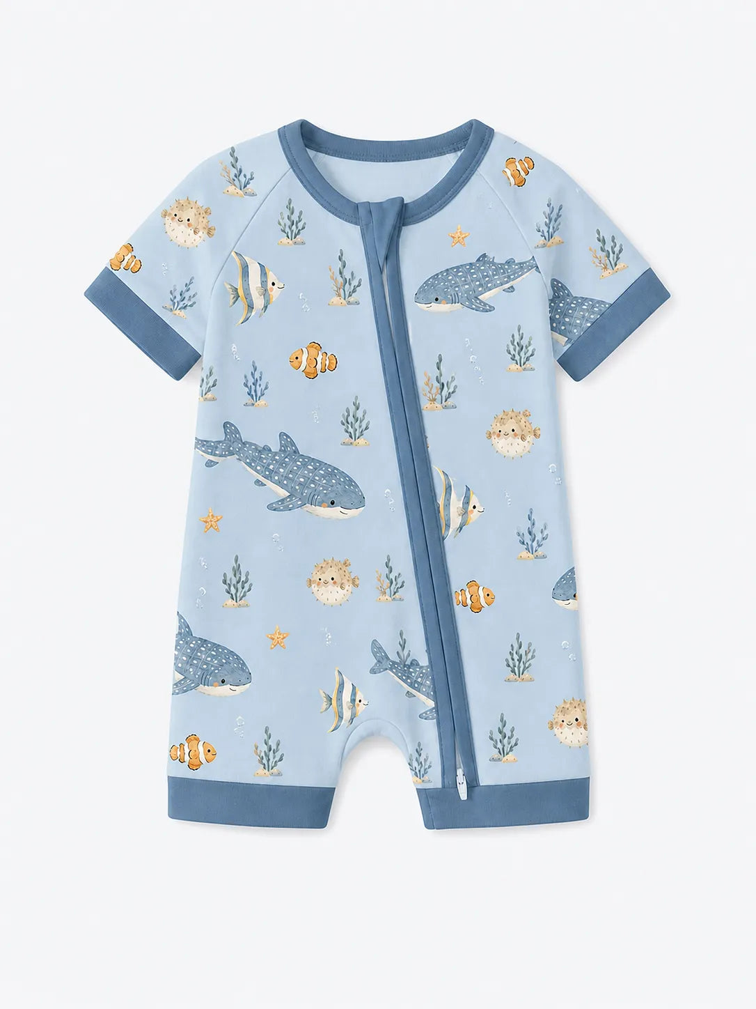 Shark Cove bamboo shorty romper by MossiBaby