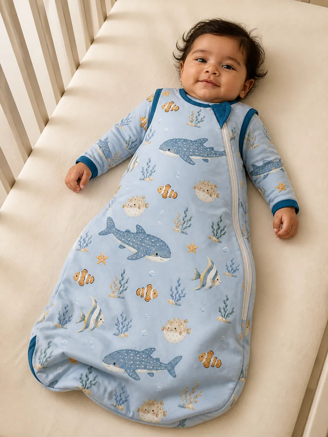 Baby wearing the Shark Cove bamboo sleep bag