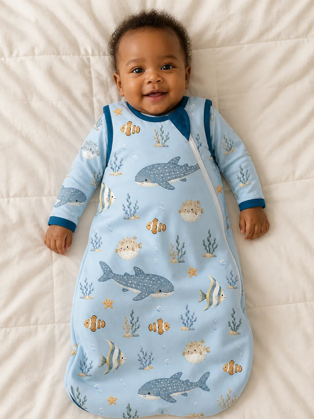 Baby resting comfortably in the Shark Cove bamboo sleep bag
