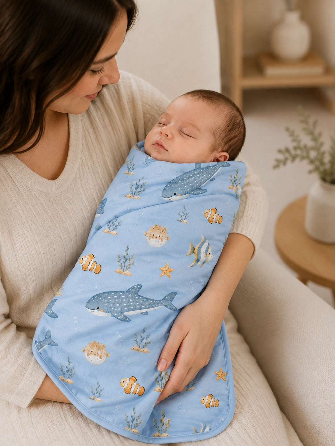 Baby wrapped in the Shark Cove bamboo swaddle blanket