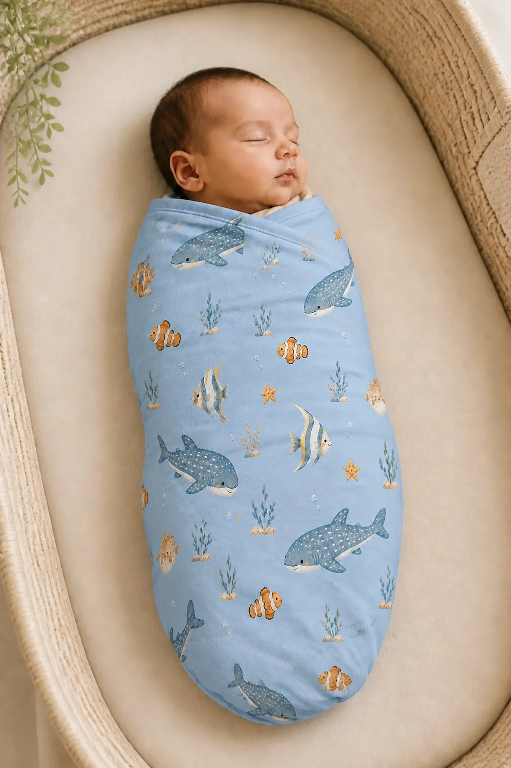 Baby cuddled in the Shark Cove bamboo swaddle blanket at home