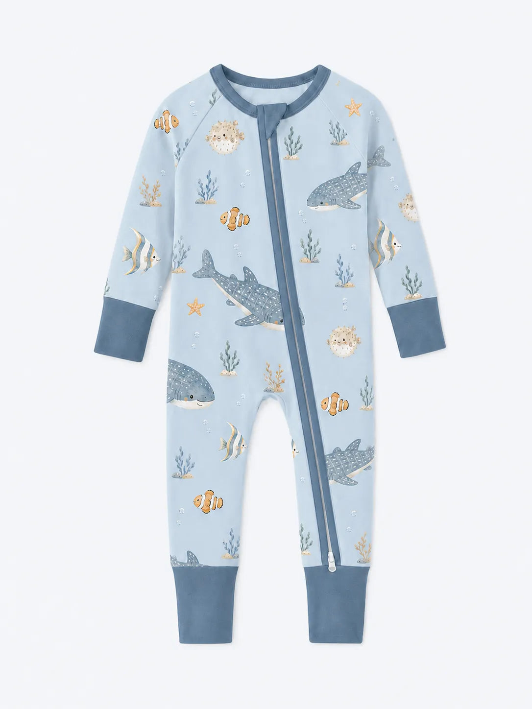 Shark Cove bamboo zipper romper by MossiBaby