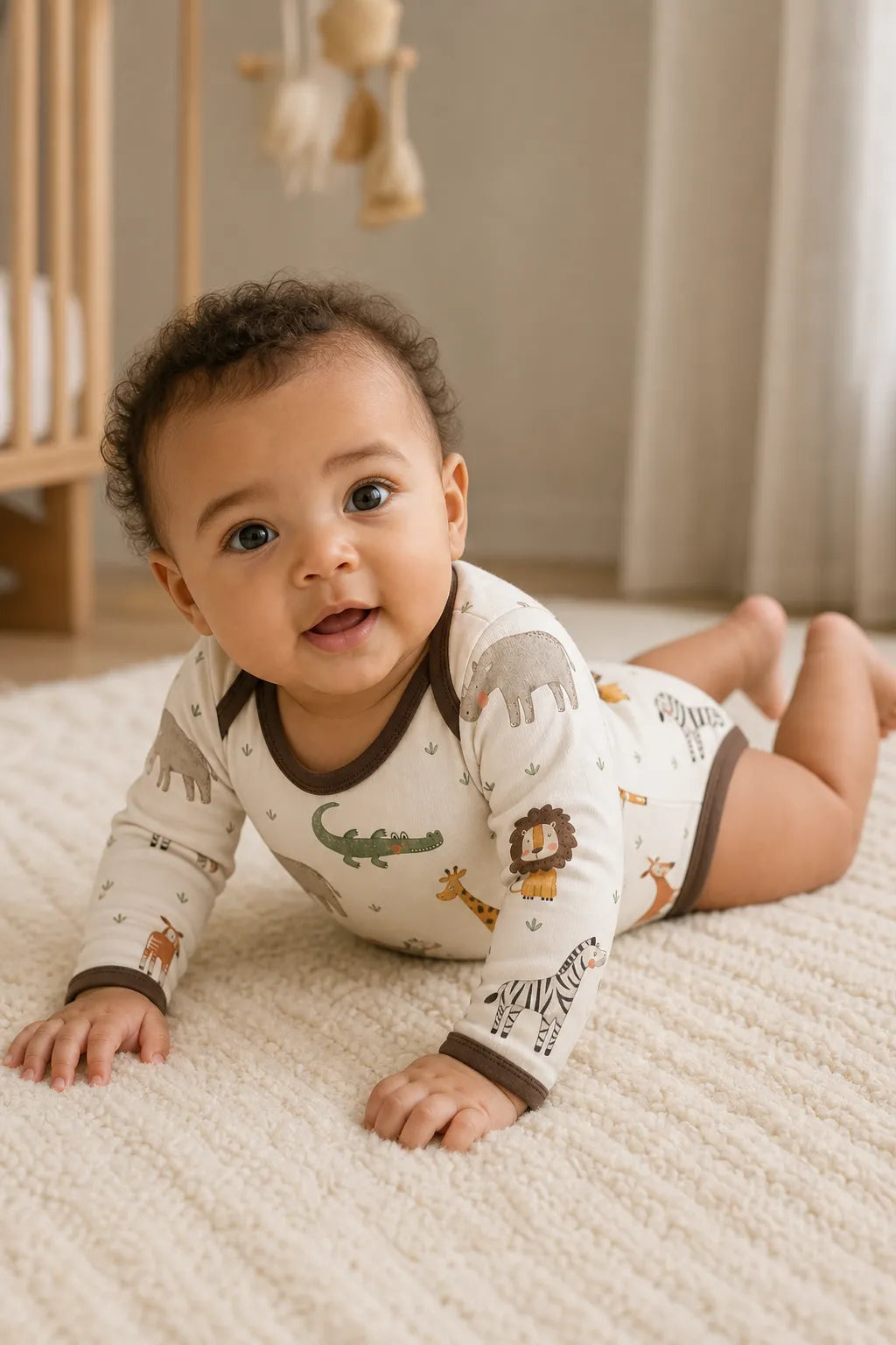 Baby playing comfortably in the Little Chicks bamboo bodysuit