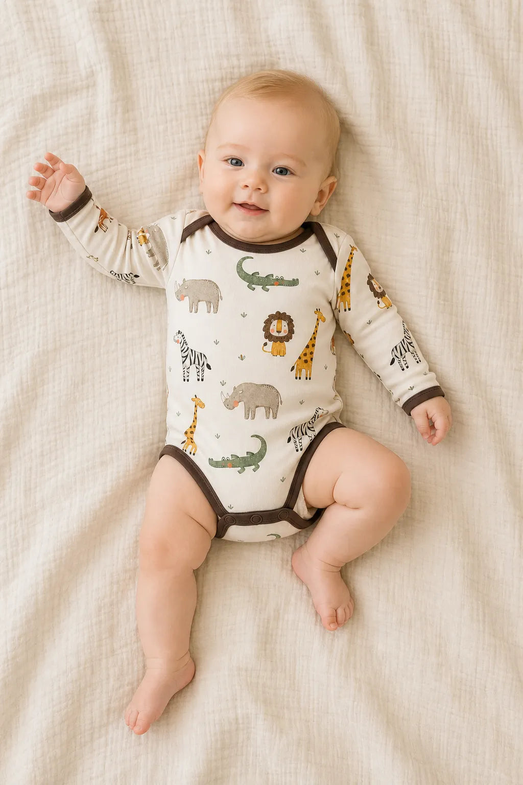 Baby wearing the Safari Friends long sleeve bodysuit