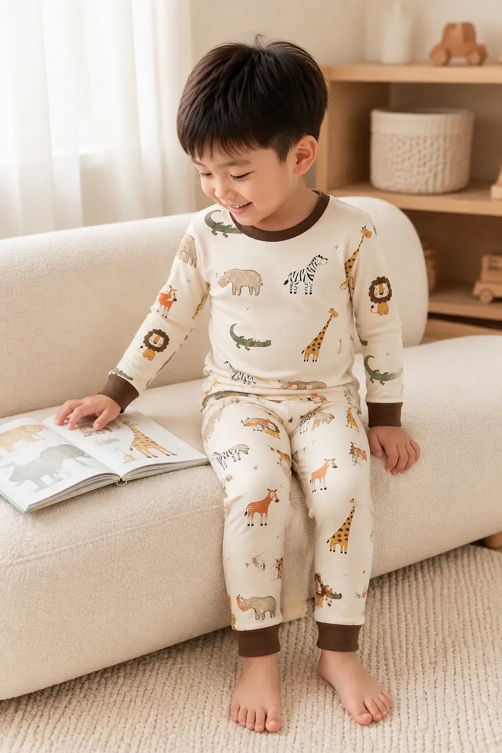 Child playing at home in Safari Friends bamboo pajamas