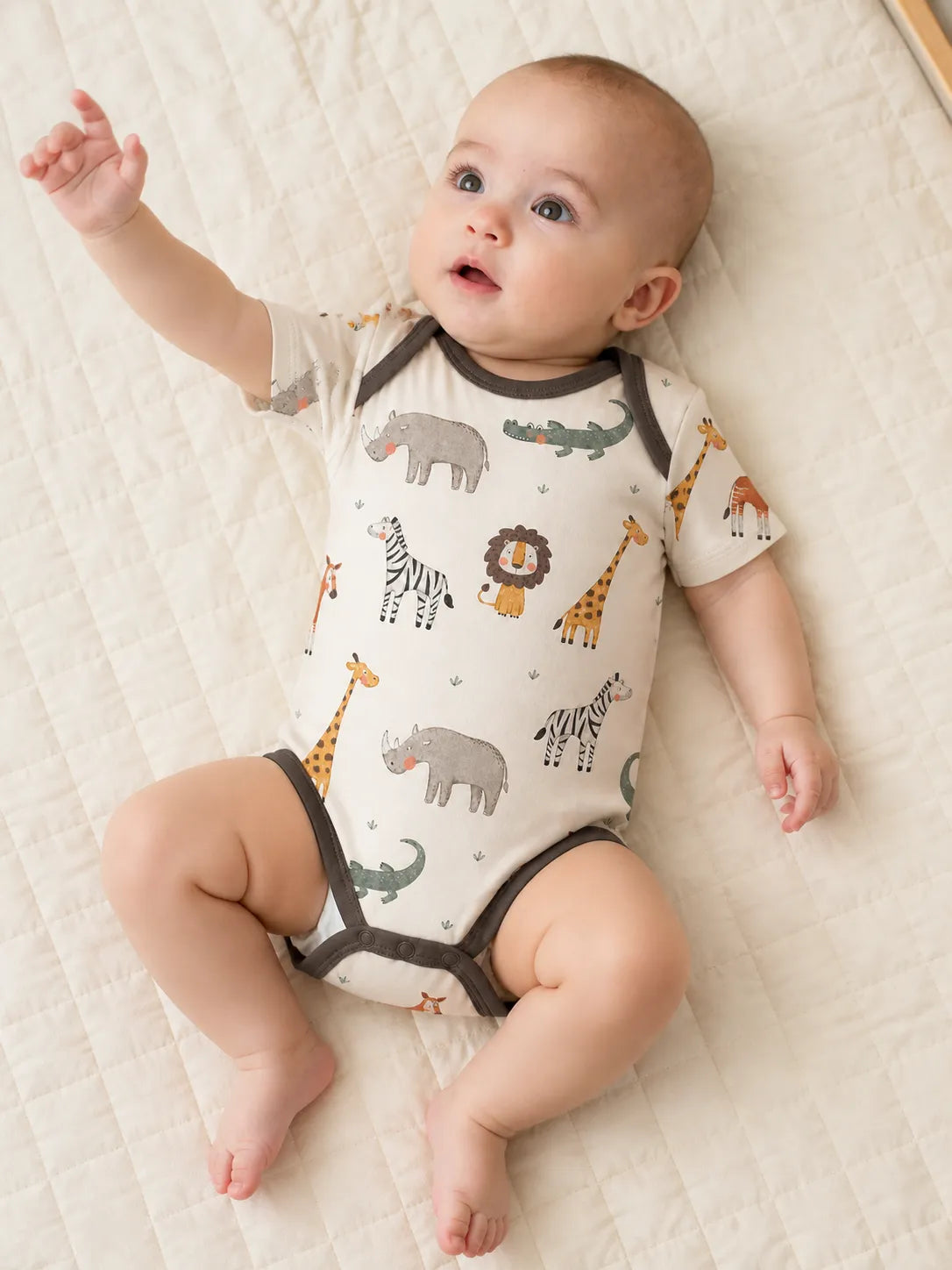 Baby playing comfortably in the Fox Meadow bamboo bodysuit