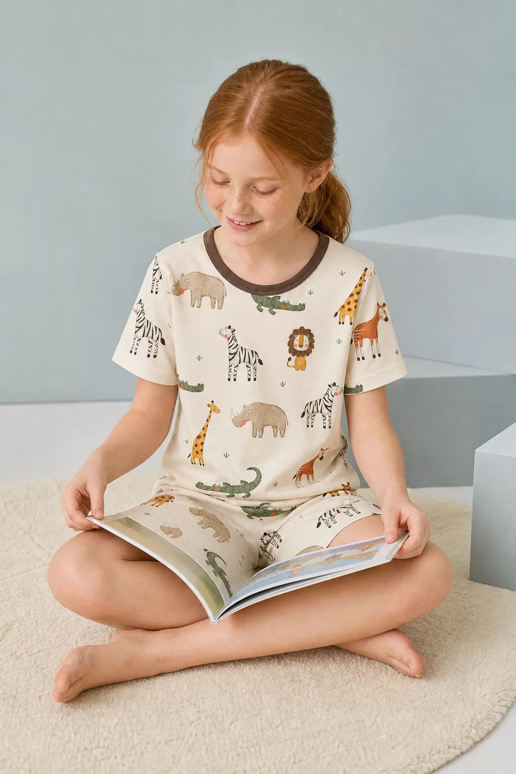 Child playing at home in Fox Meadow bamboo pajamas