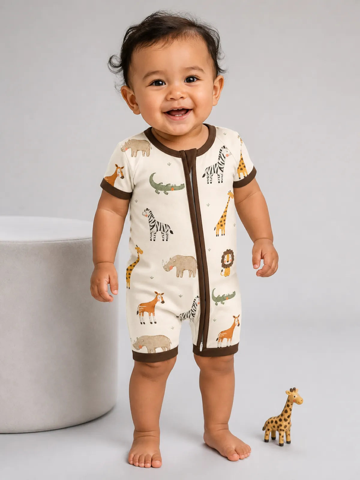 Baby wearing the Safari Friends bamboo shorty romper