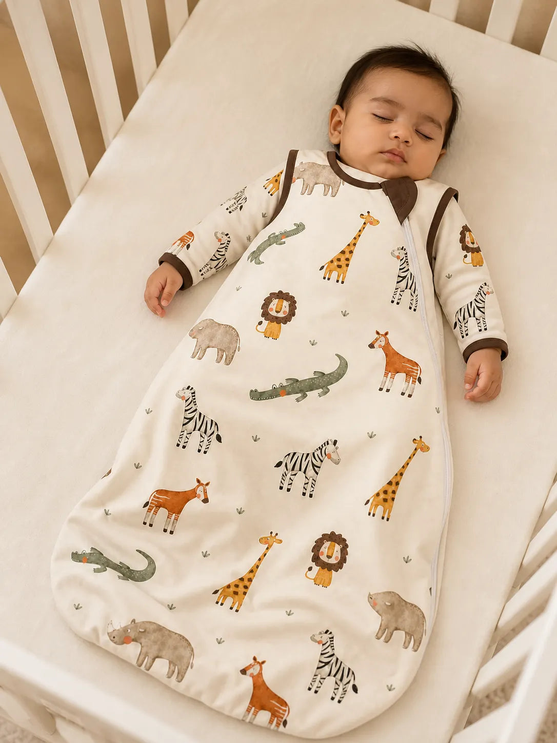 Baby resting comfortably in the Safari Friends bamboo sleep bag