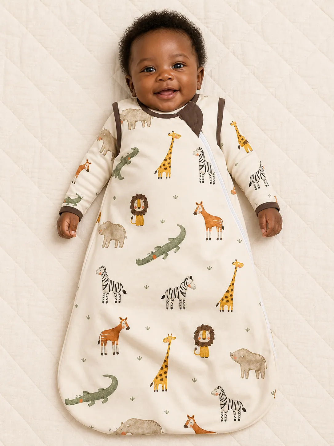 Baby wearing the Little Chicks bamboo sleep bag