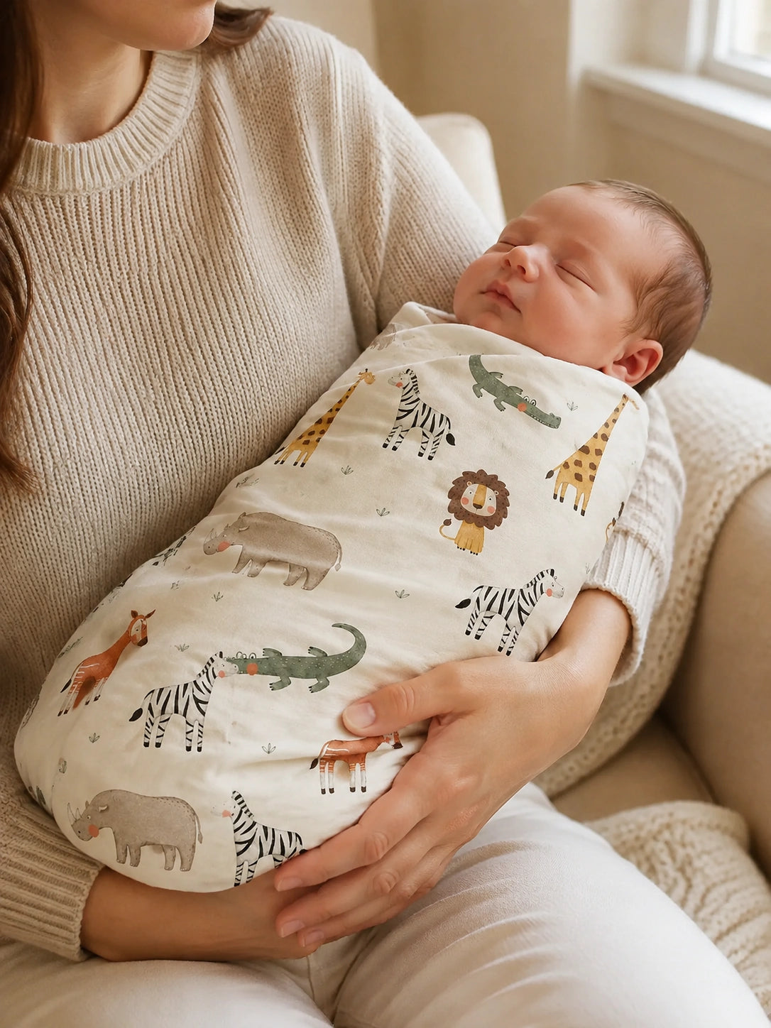 Baby cuddled in the Safari Friends bamboo swaddle blanket at home