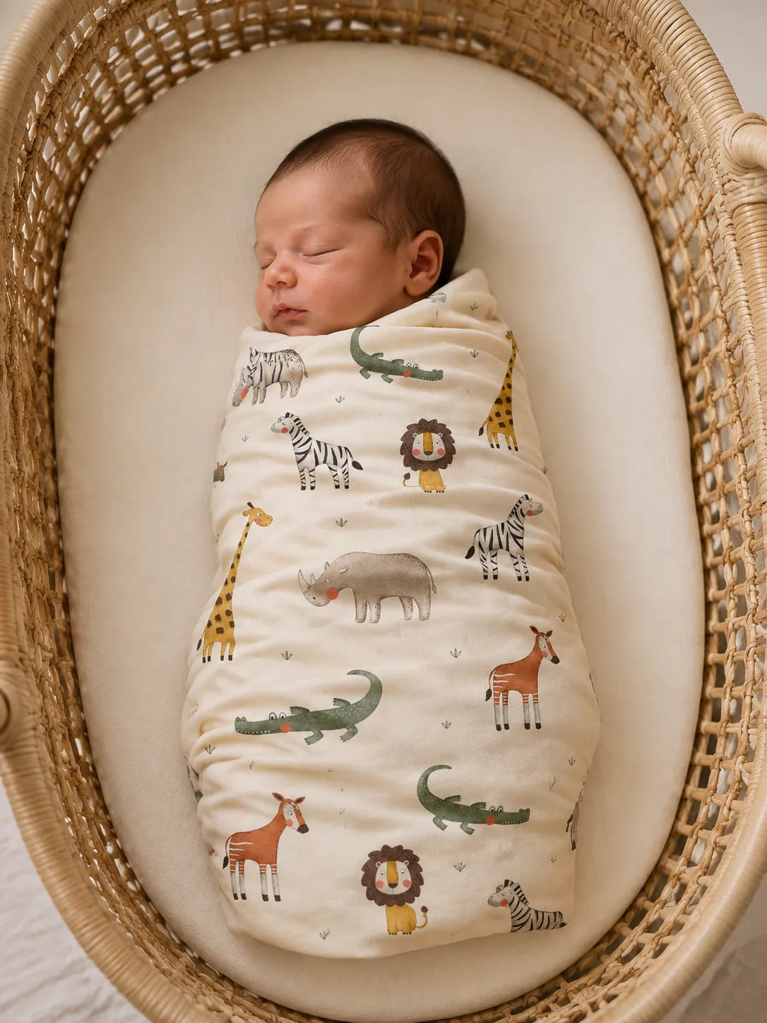 Baby wrapped in the Safari Friends bamboo swaddle blanket