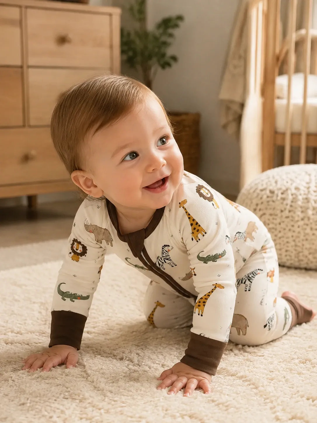 Baby playing at home in the Safari Friends zipper romper