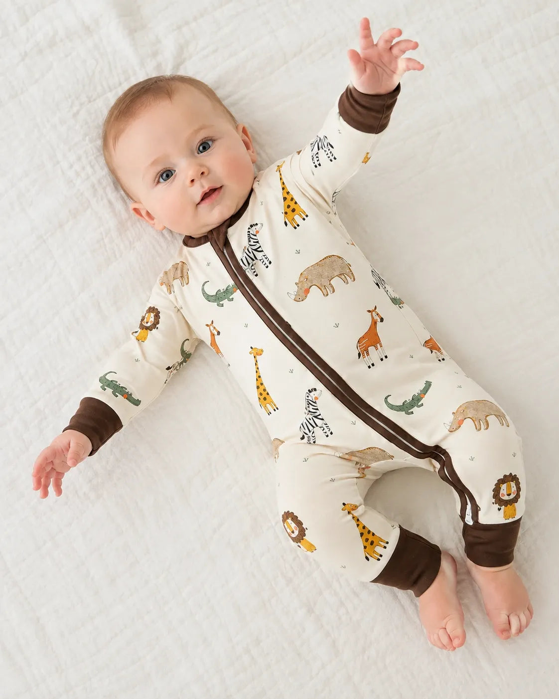 Baby wearing the Safari Friends bamboo zipper romper