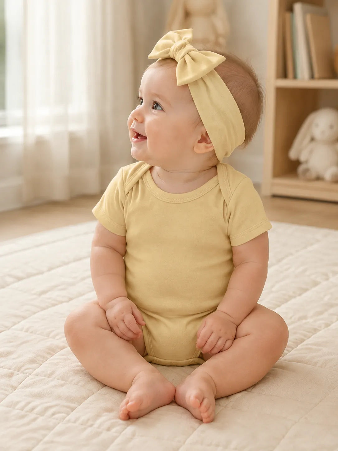 Baby wearing Buttercream bamboo bow headband in a lifestyle setting - MossiBaby