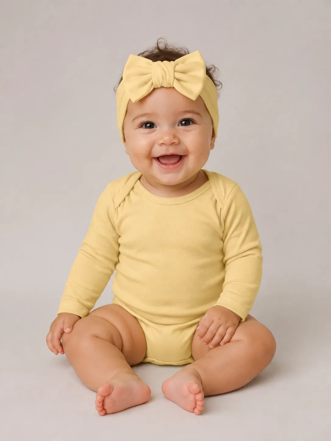 Baby wearing Buttercream bamboo bow headband in studio - MossiBaby