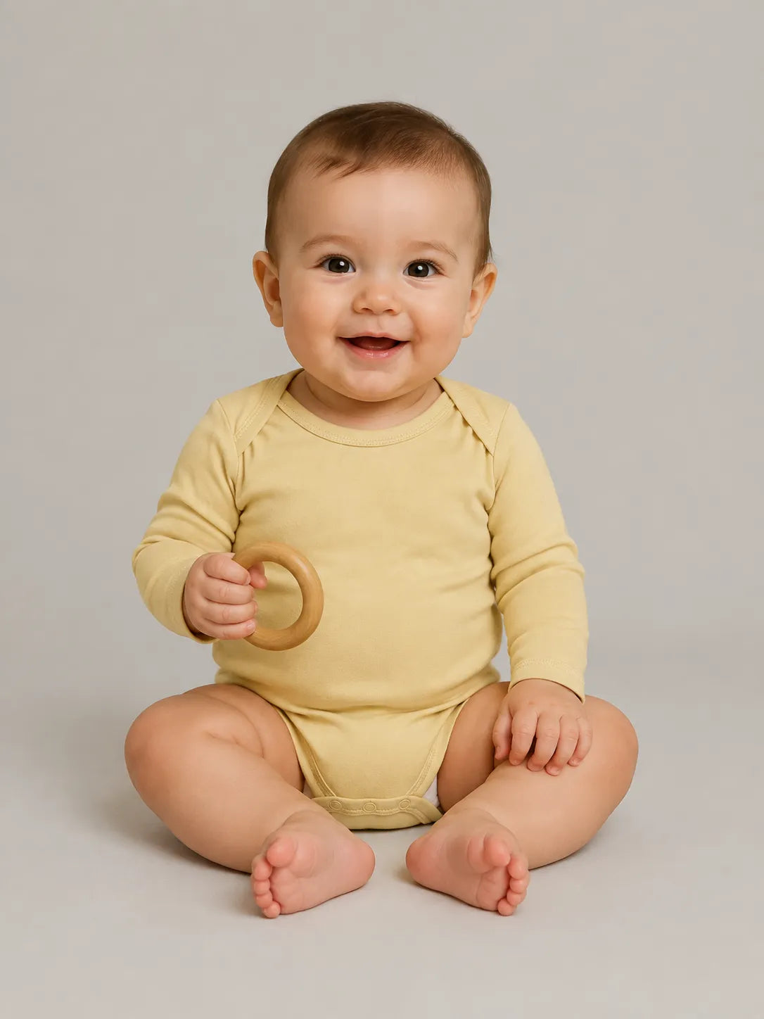 Baby wearing Buttercream bamboo long sleeve bodysuit in studio - MossiBaby