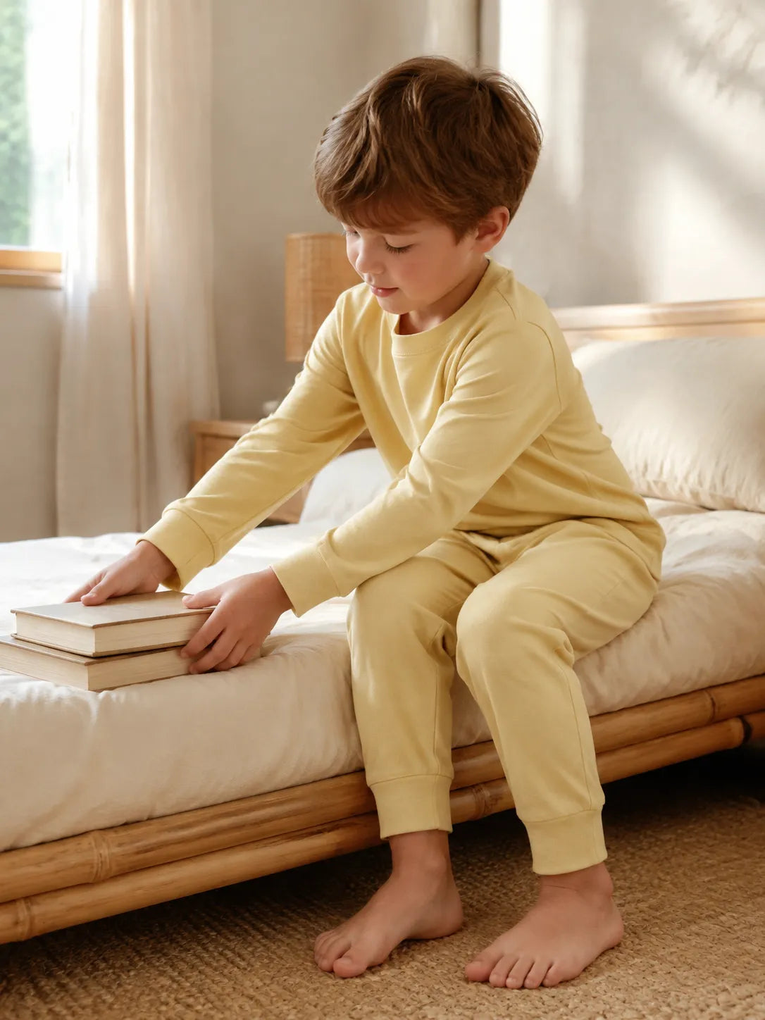 Child in Buttercream bamboo long sleeve pajama set in a cozy lifestyle setting - MossiBaby