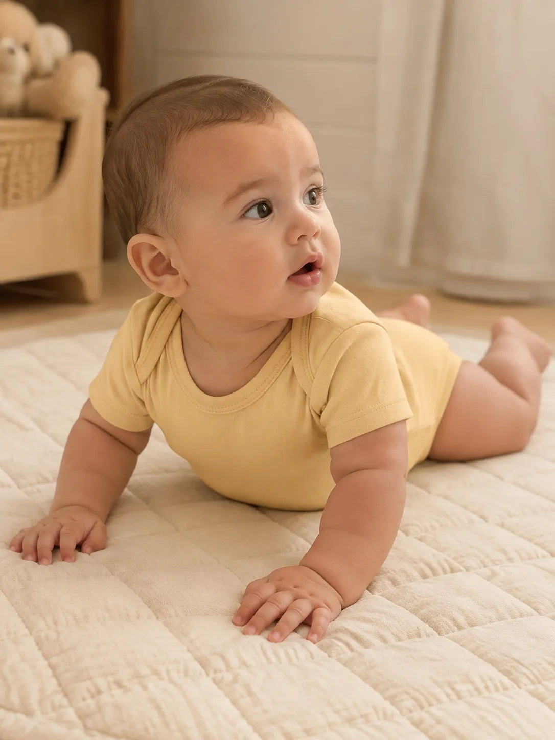 Baby in Buttercream bamboo short sleeve bodysuit in an everyday lifestyle setting - MossiBaby