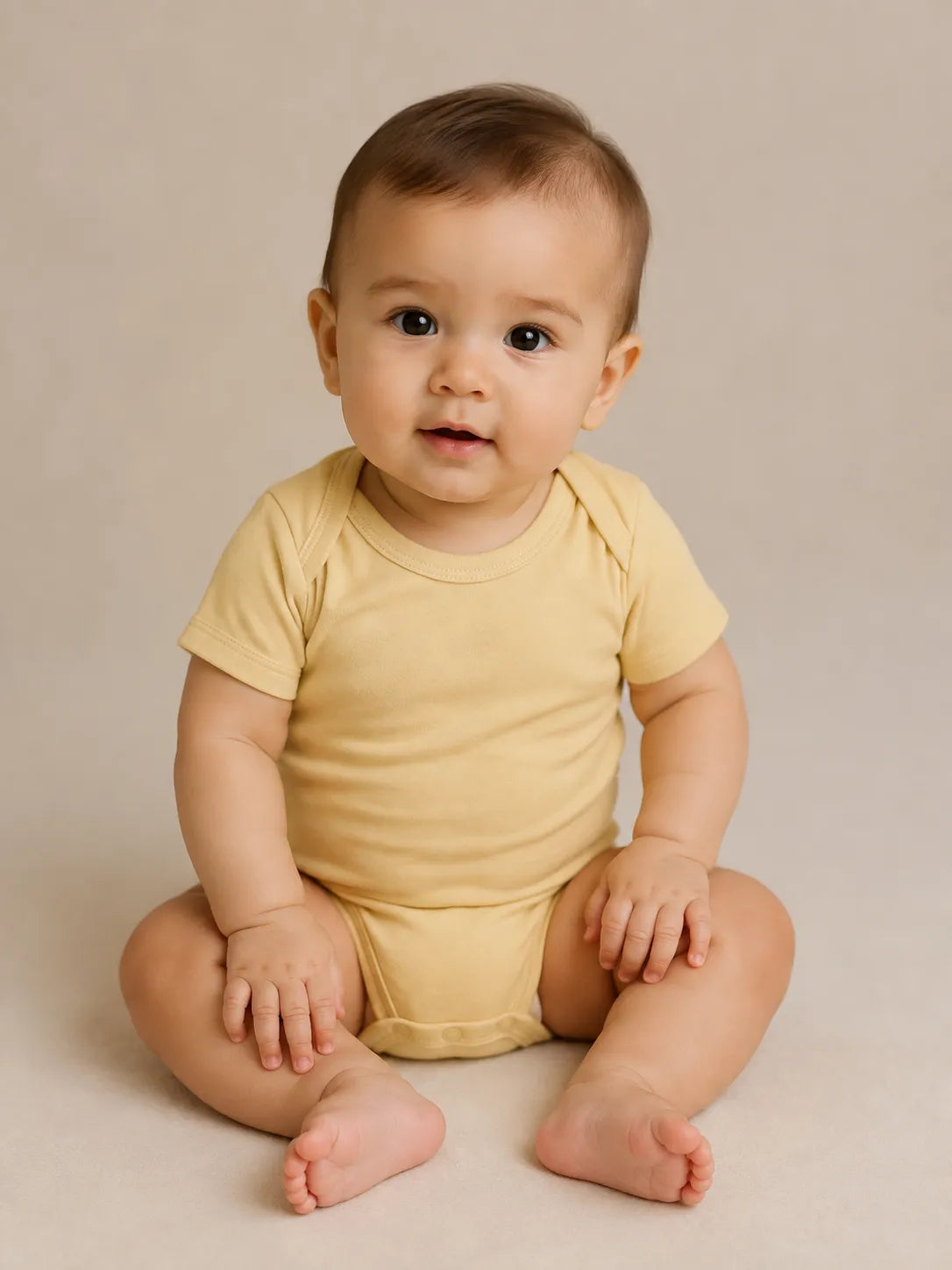 Baby wearing Buttercream bamboo short sleeve bodysuit in studio - MossiBaby