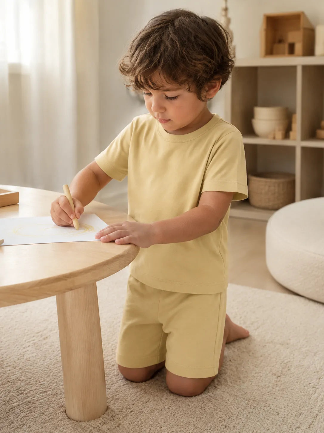 Child in Buttercream bamboo short sleeve pajama set in a cozy lifestyle setting - MossiBaby