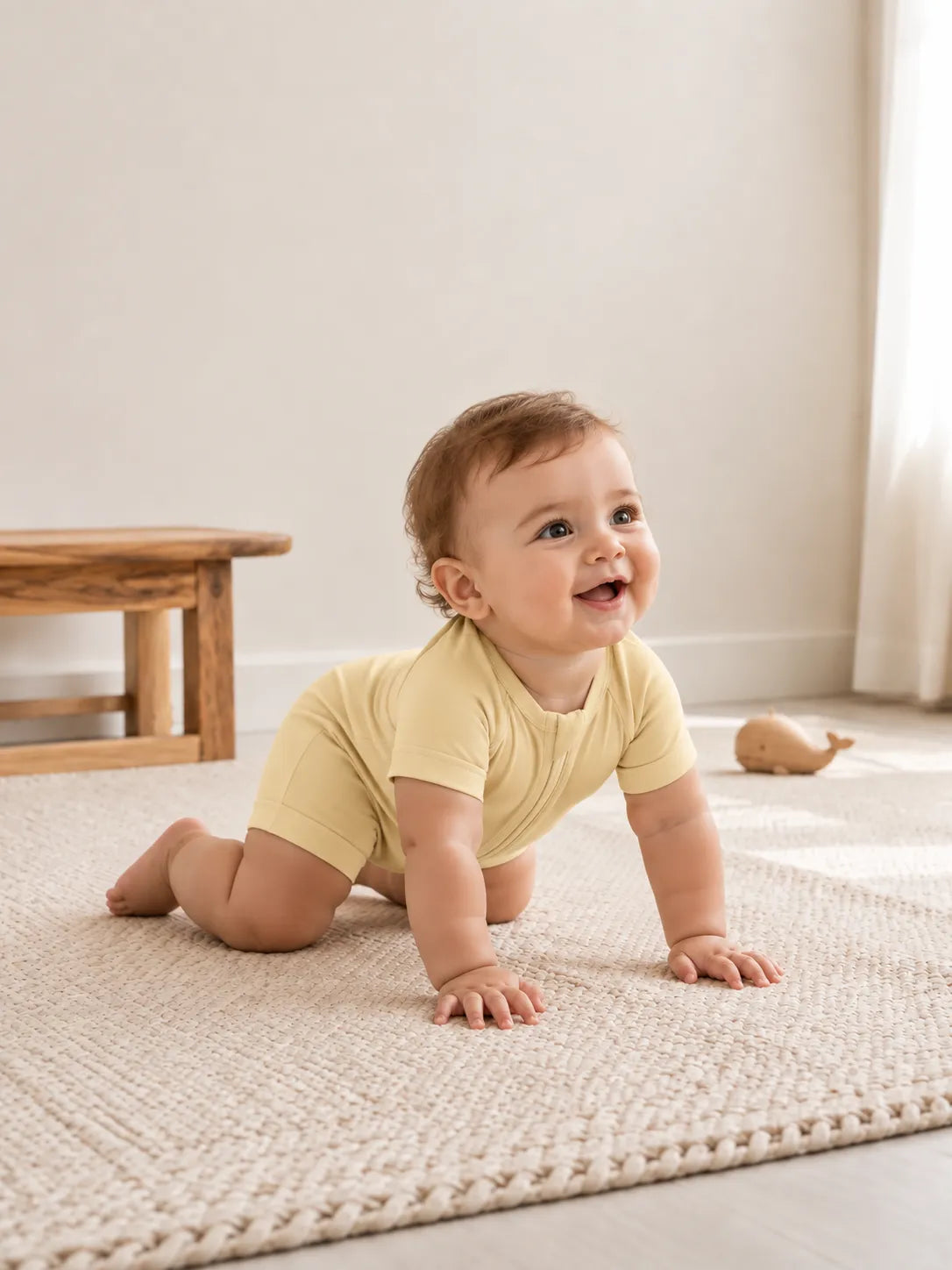 Baby in Buttercream bamboo shorty romper in an everyday lifestyle setting - MossiBaby