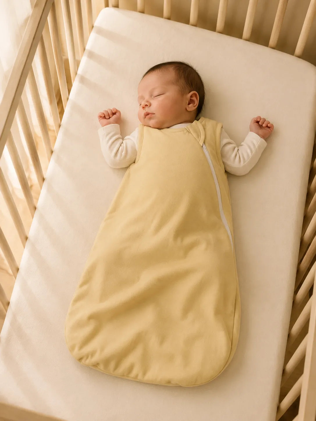 Baby in Buttercream bamboo sleep bag in a cozy sleep setting - MossiBaby