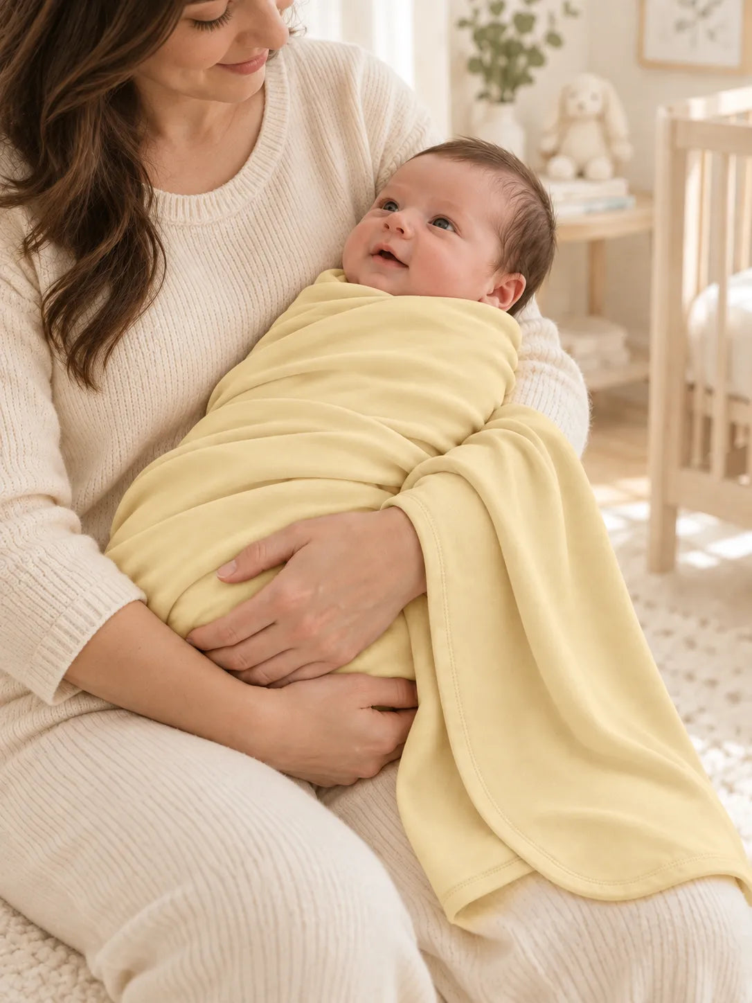 Baby with Buttercream bamboo swaddle blanket in a soft nursery setting - MossiBaby