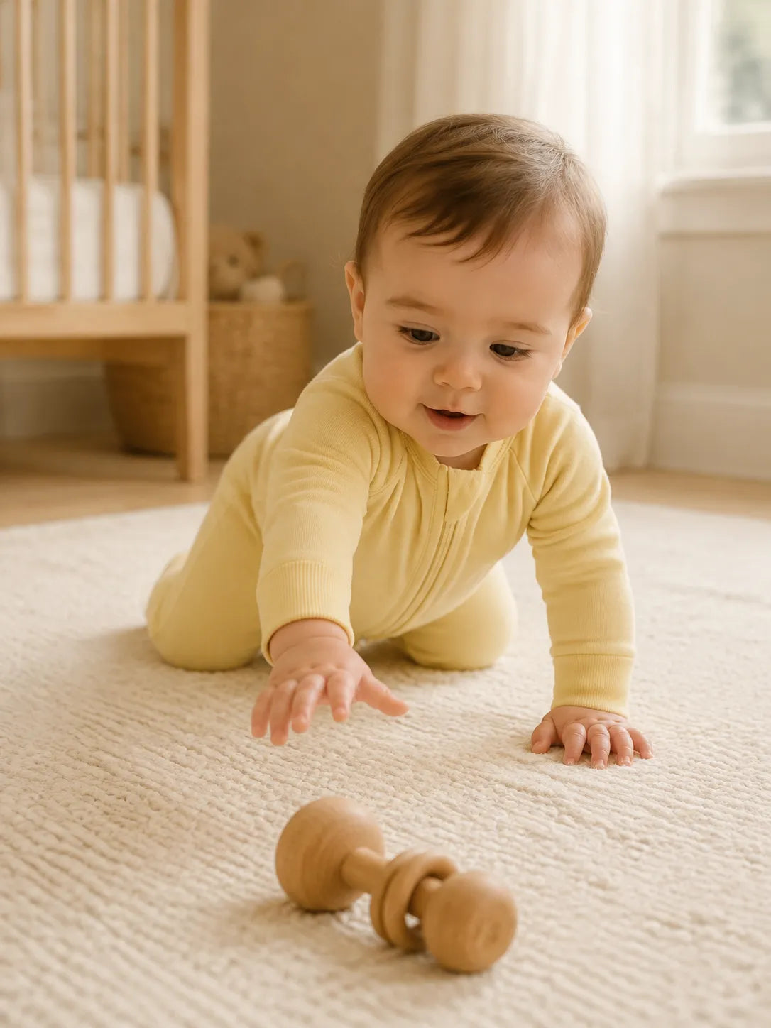 Baby in Buttercream bamboo zipper romper in an everyday lifestyle setting - MossiBaby