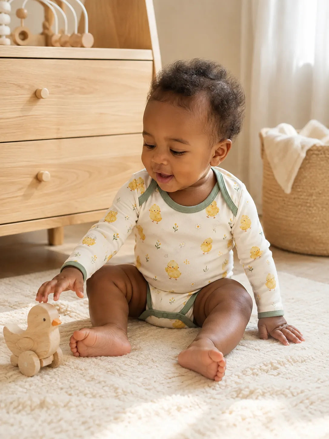 Baby playing comfortably in the Little Chicks bamboo bodysuit