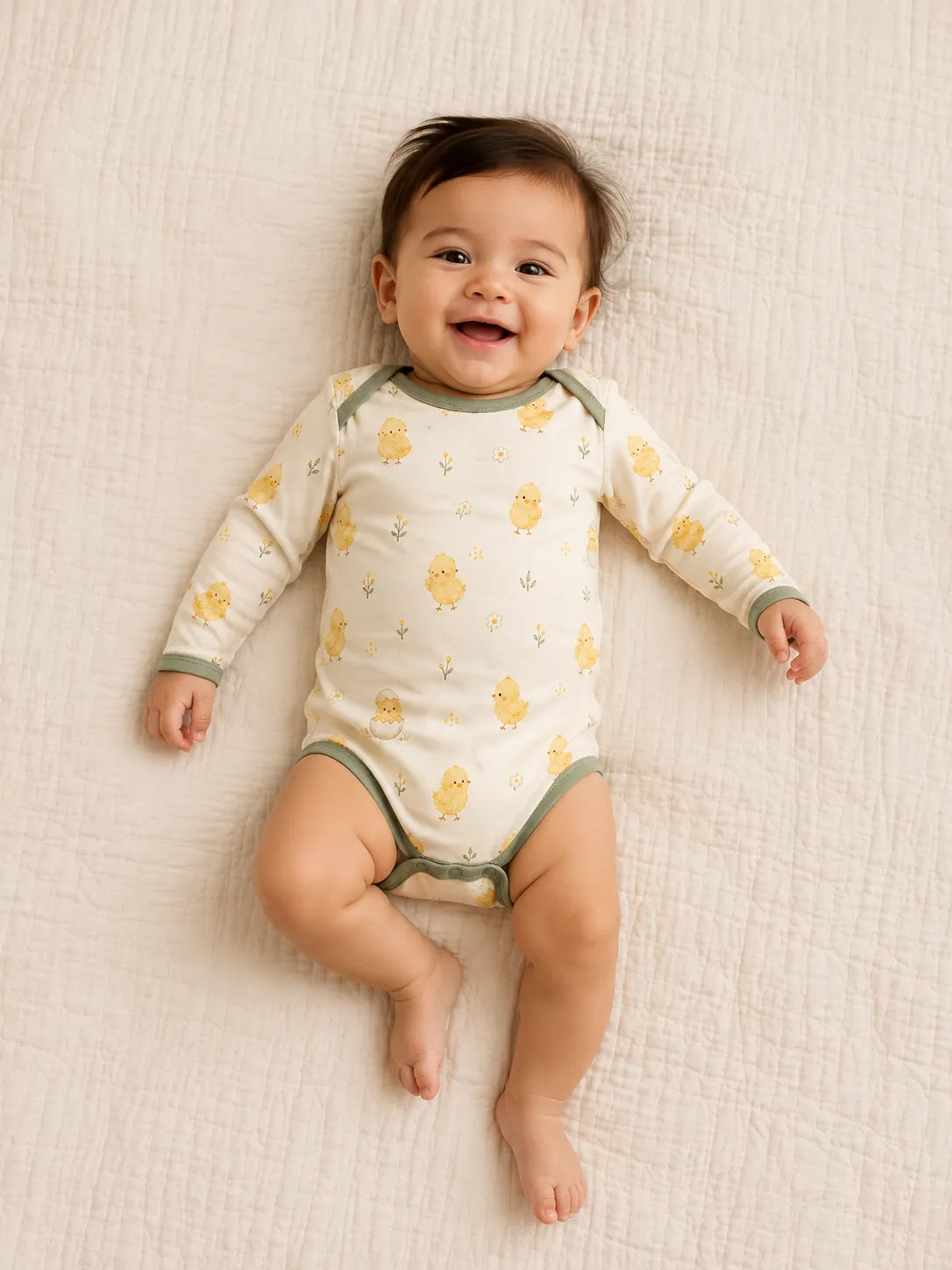 Baby wearing the Little Chicks long sleeve bodysuit