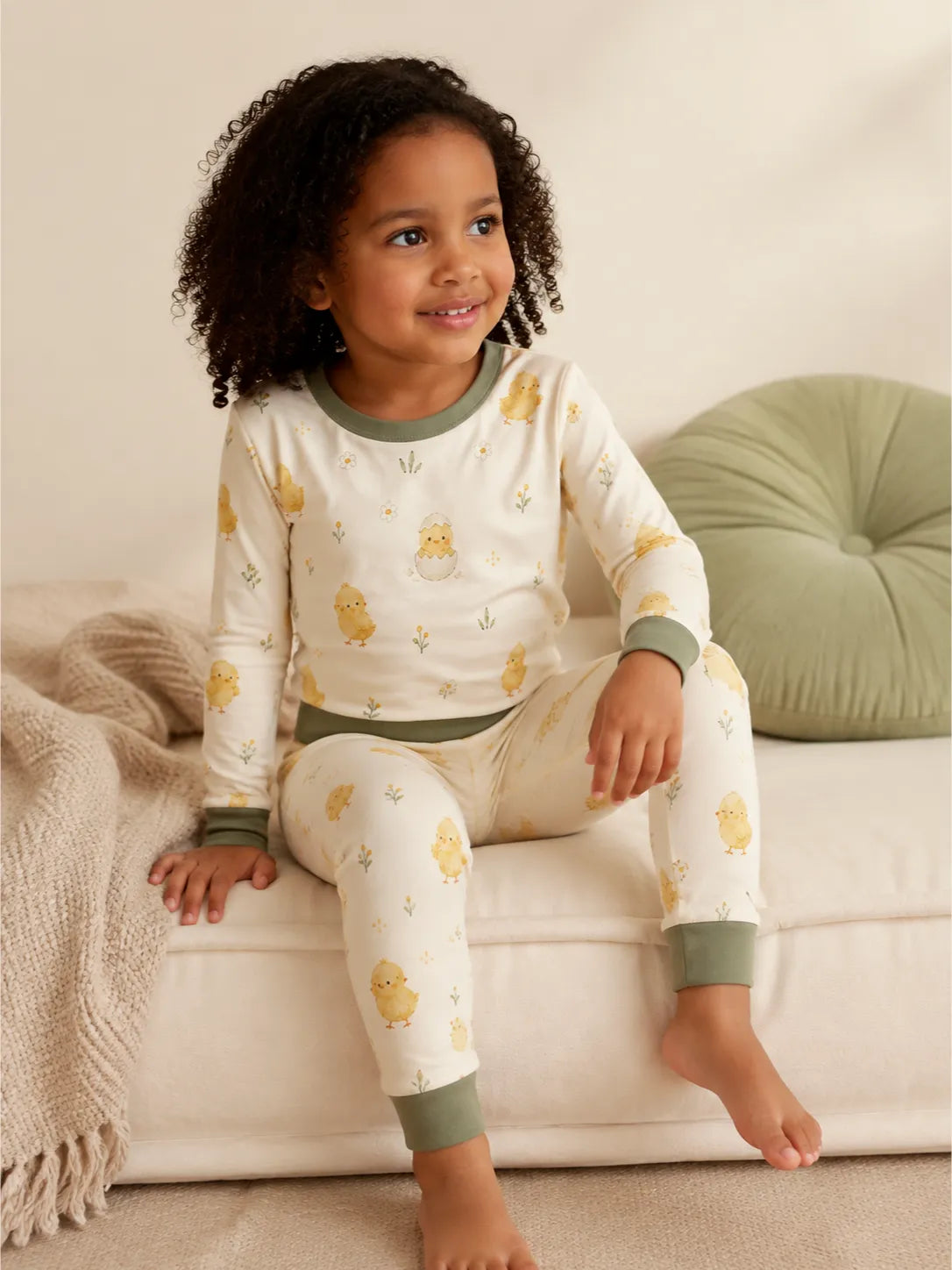 Child playing at home in Little Chicks bamboo pajamas