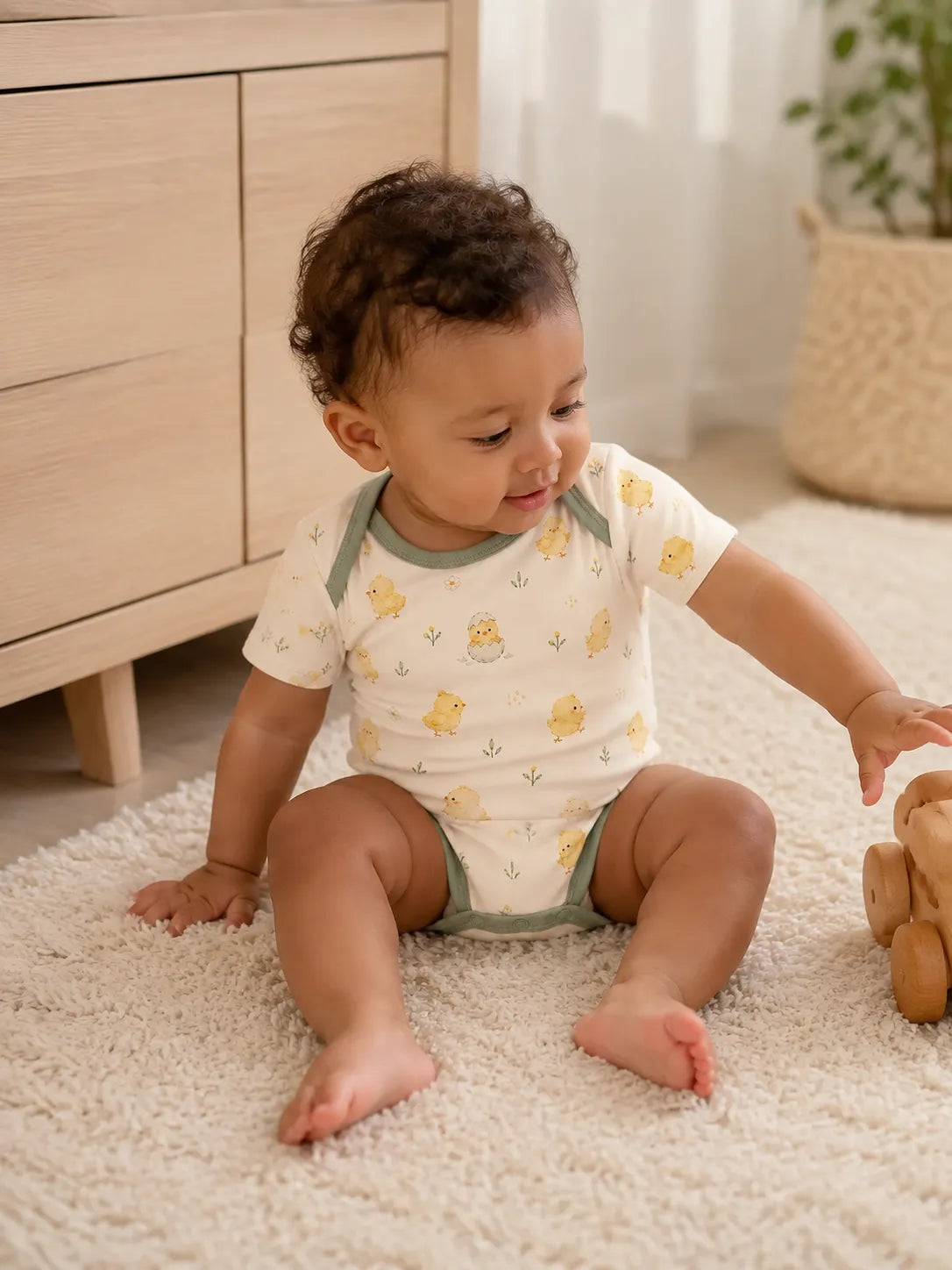 Baby playing comfortably in the Little Chicks bamboo bodysuit