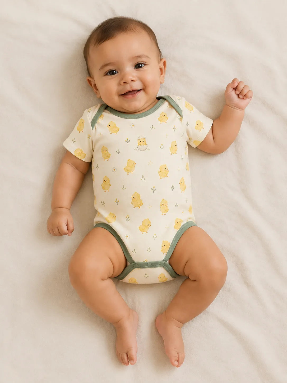 Baby wearing the Little Chicks short sleeve bodysuit
