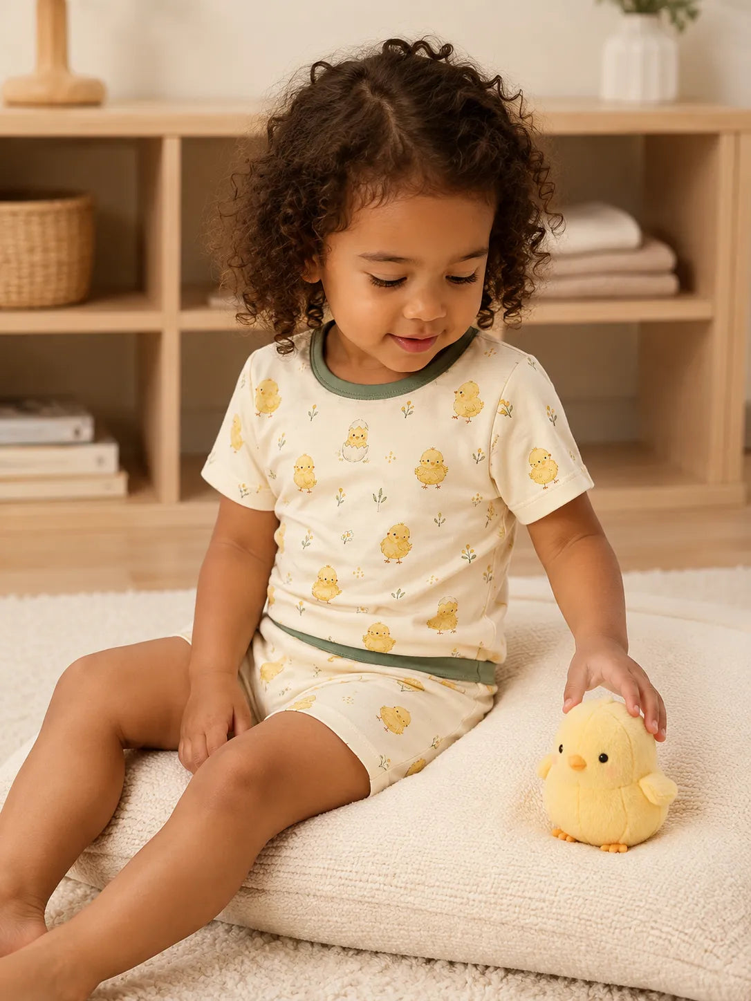 Child playing at home in Little Chicks bamboo pajamas