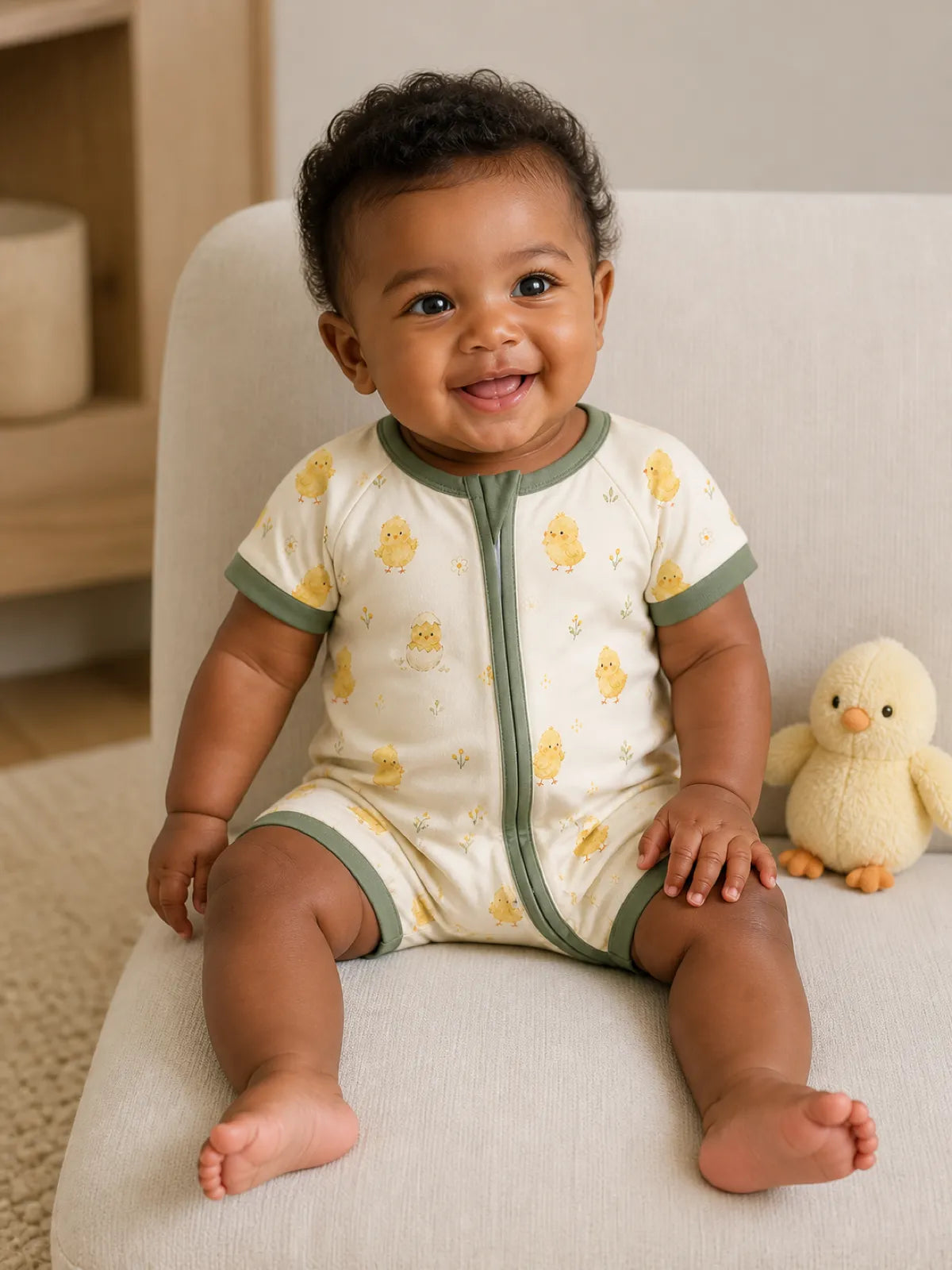 Baby playing at home in the Little Chicks shorty romper