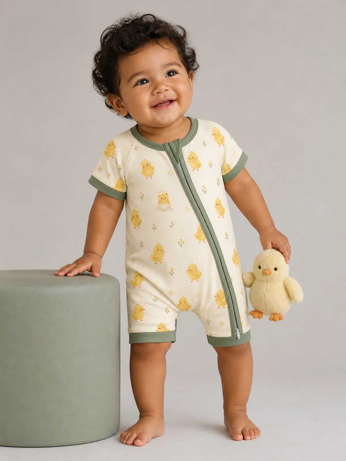 Baby wearing the Little Chicks bamboo shorty romper