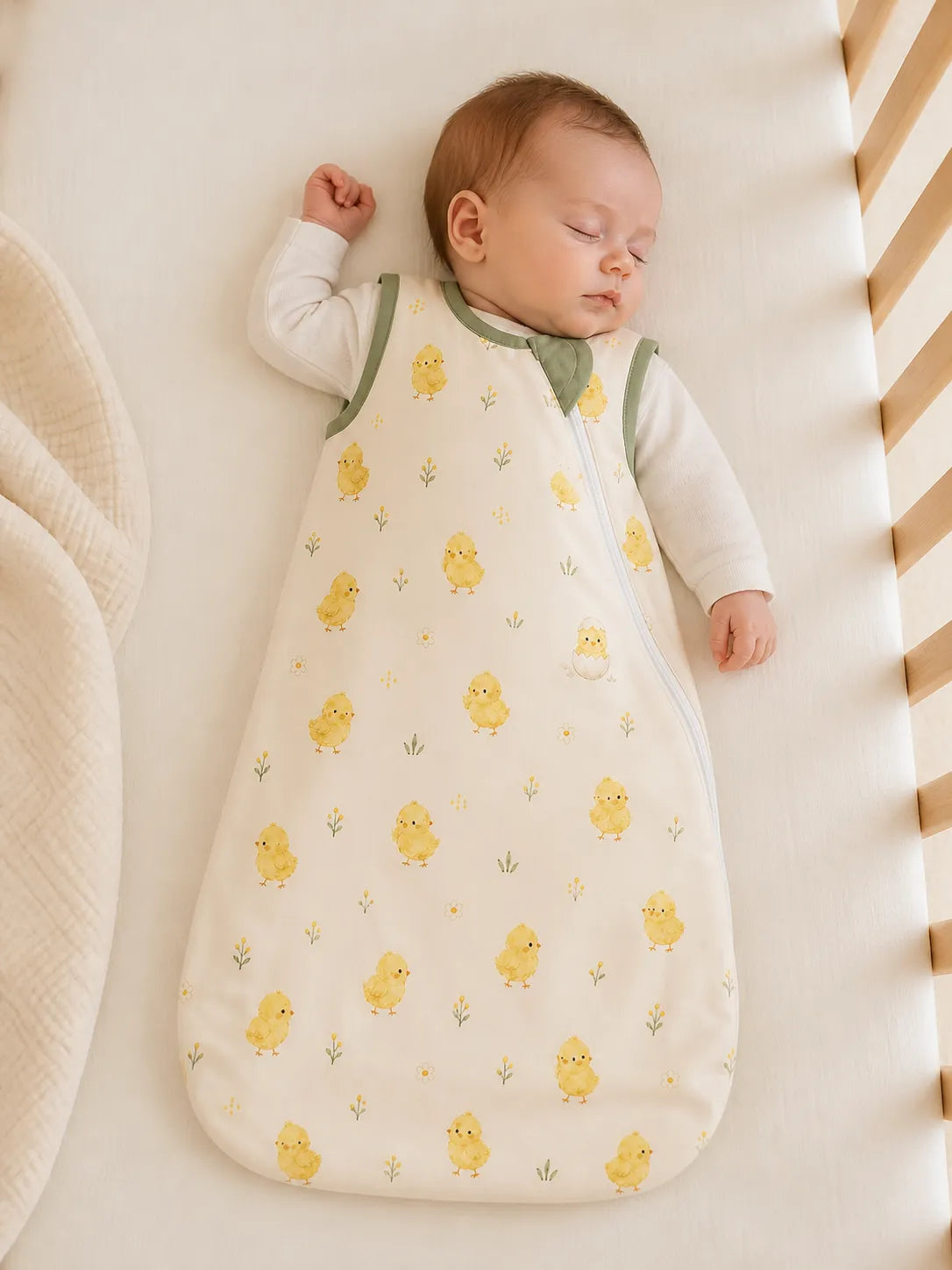 Baby resting comfortably in the Little Chicks bamboo sleep bag