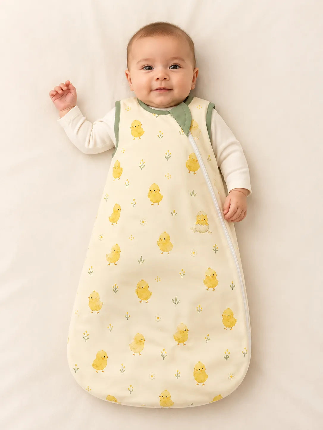 Baby wearing the Little Chicks bamboo sleep bag