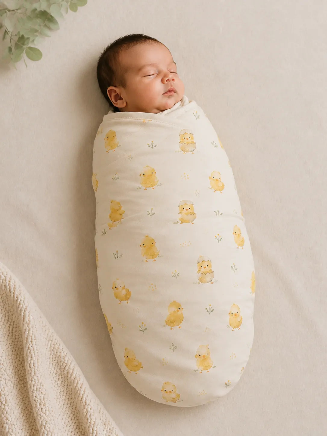 Baby wrapped in the Little Chicks bamboo swaddle blanket