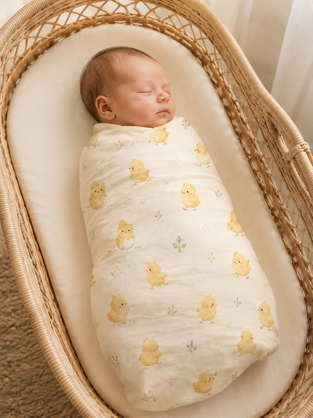 Baby cuddled in the Little Chicks bamboo swaddle blanket at home