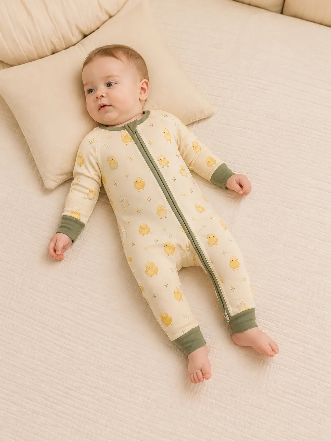 Baby playing at home in the Little Chicks zipper romper