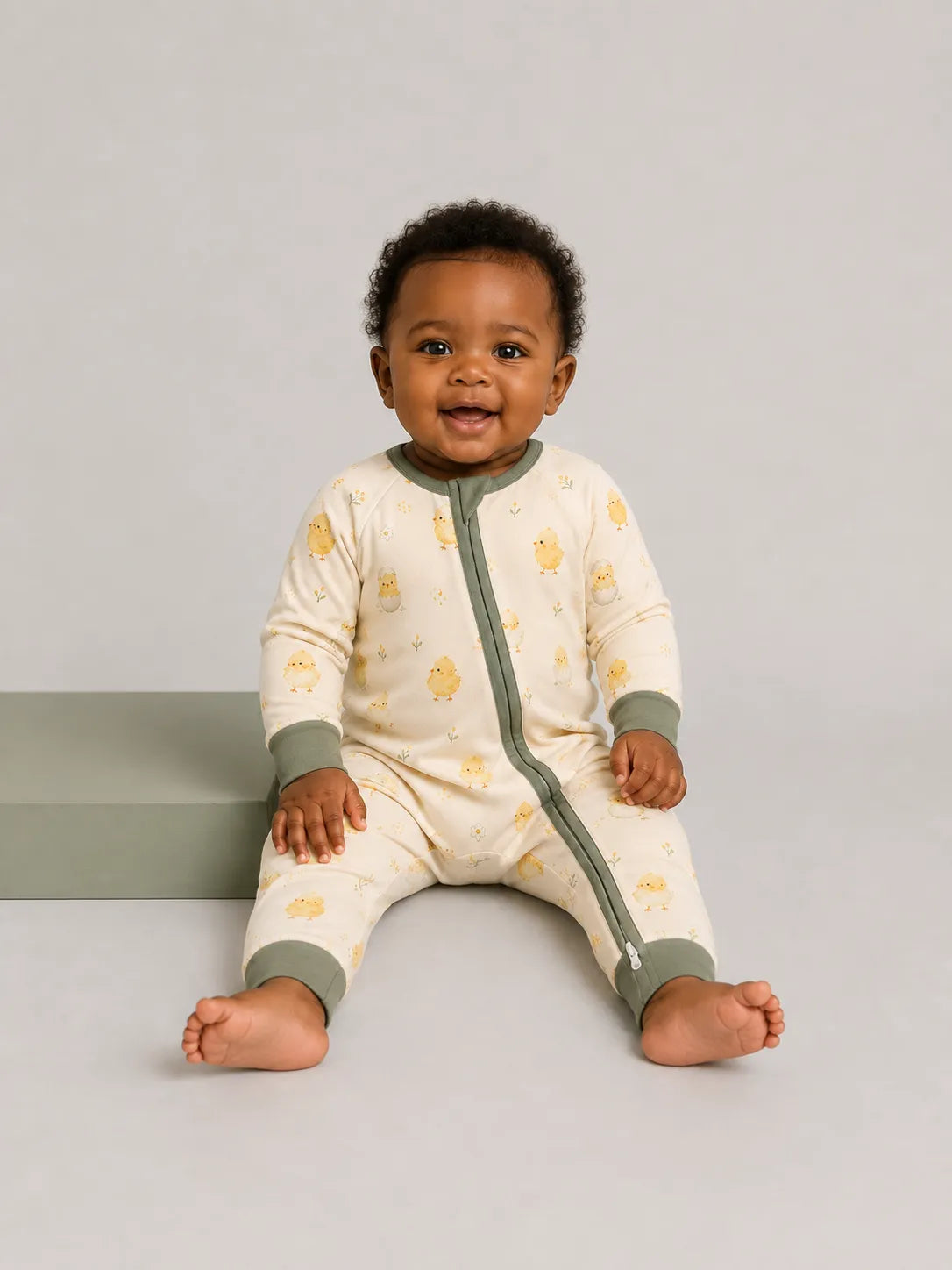 Baby wearing the Little Chicks bamboo zipper romper