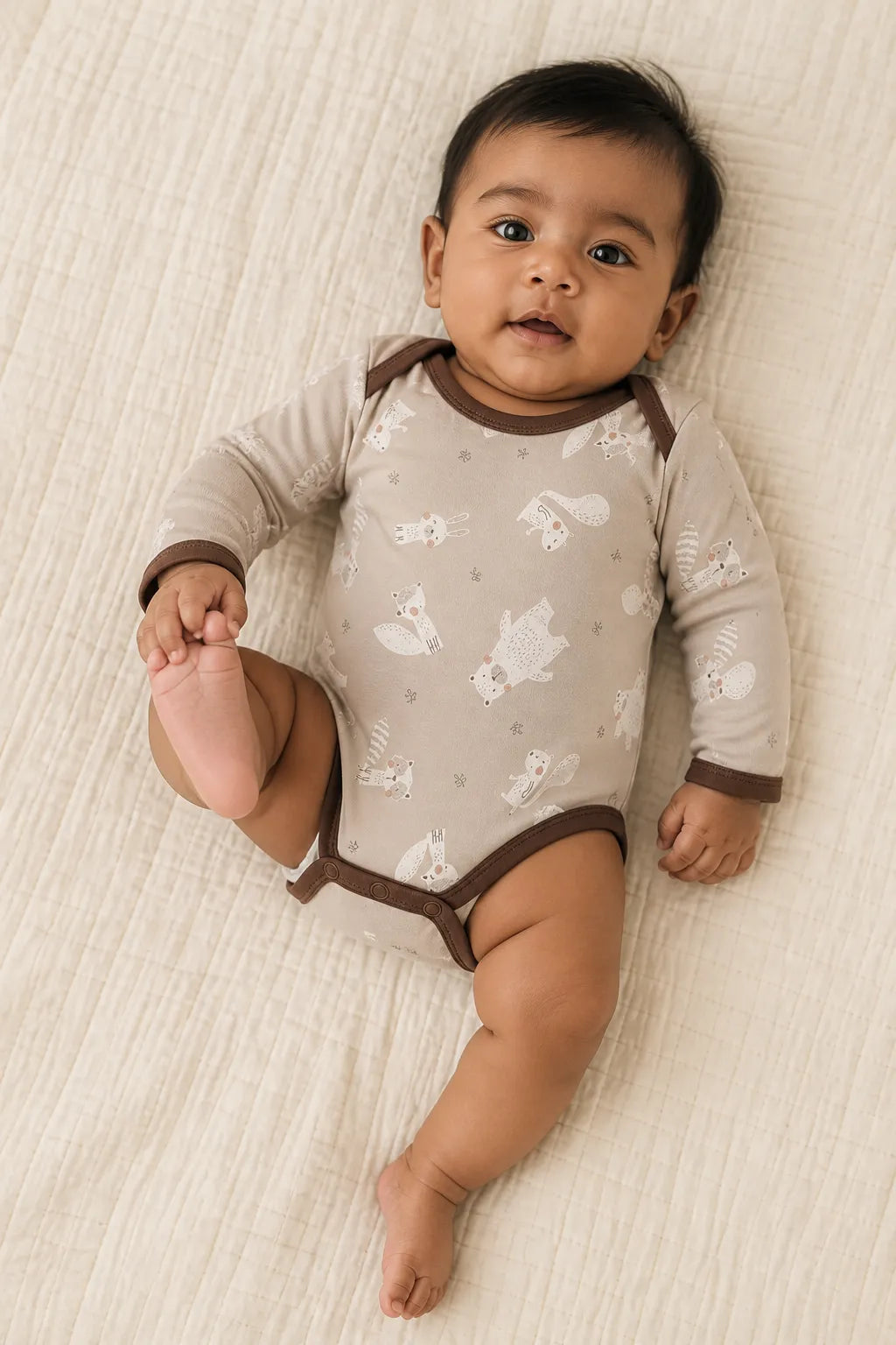 Baby wearing the Fox Meadow long sleeve bodysuit
