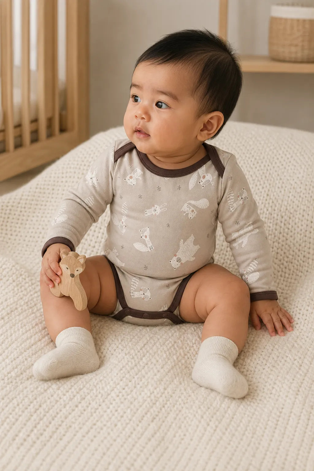 Baby playing comfortably in the Fox Meadow bamboo bodysuit