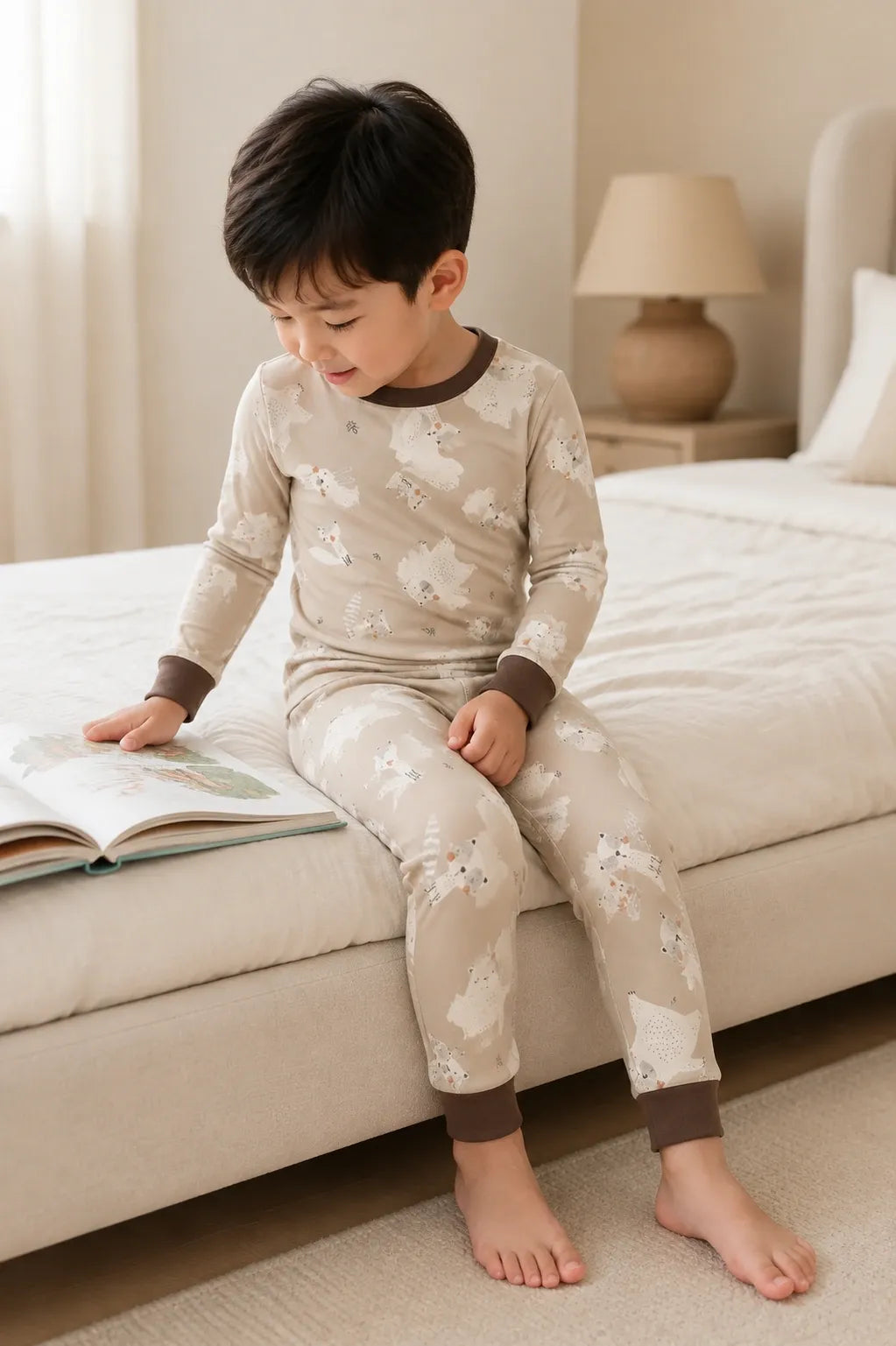 Child playing at home in Fox Meadow bamboo pajamas